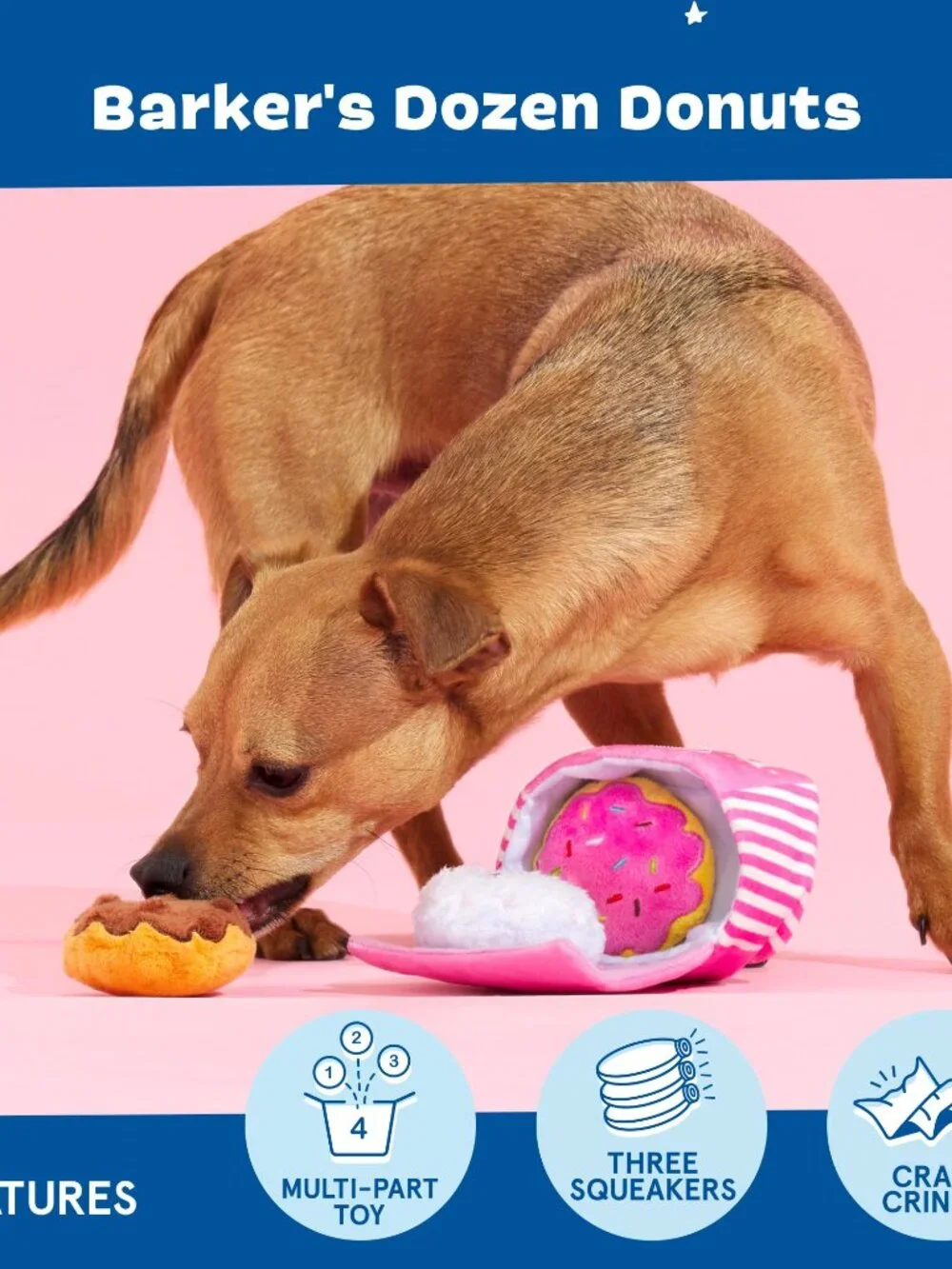 Barkbox Dog Toys  Barkers Dozen Donuts Plush 4 in 1 Multi Part Interactive Dog T